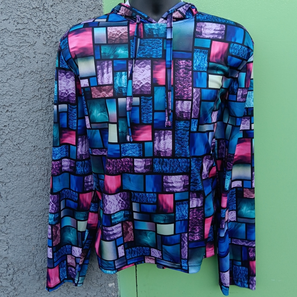 SUPER SHINE Print By Drill Blue Abstract  Long Sleeve Hoodie Shirt Mens SZ M